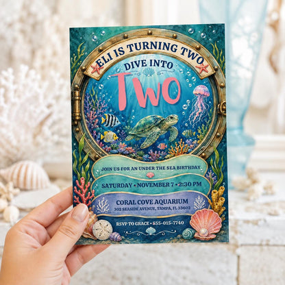 Dive into Two Ocean Porthole Birthday Invitation — invitation you personalize in Canva