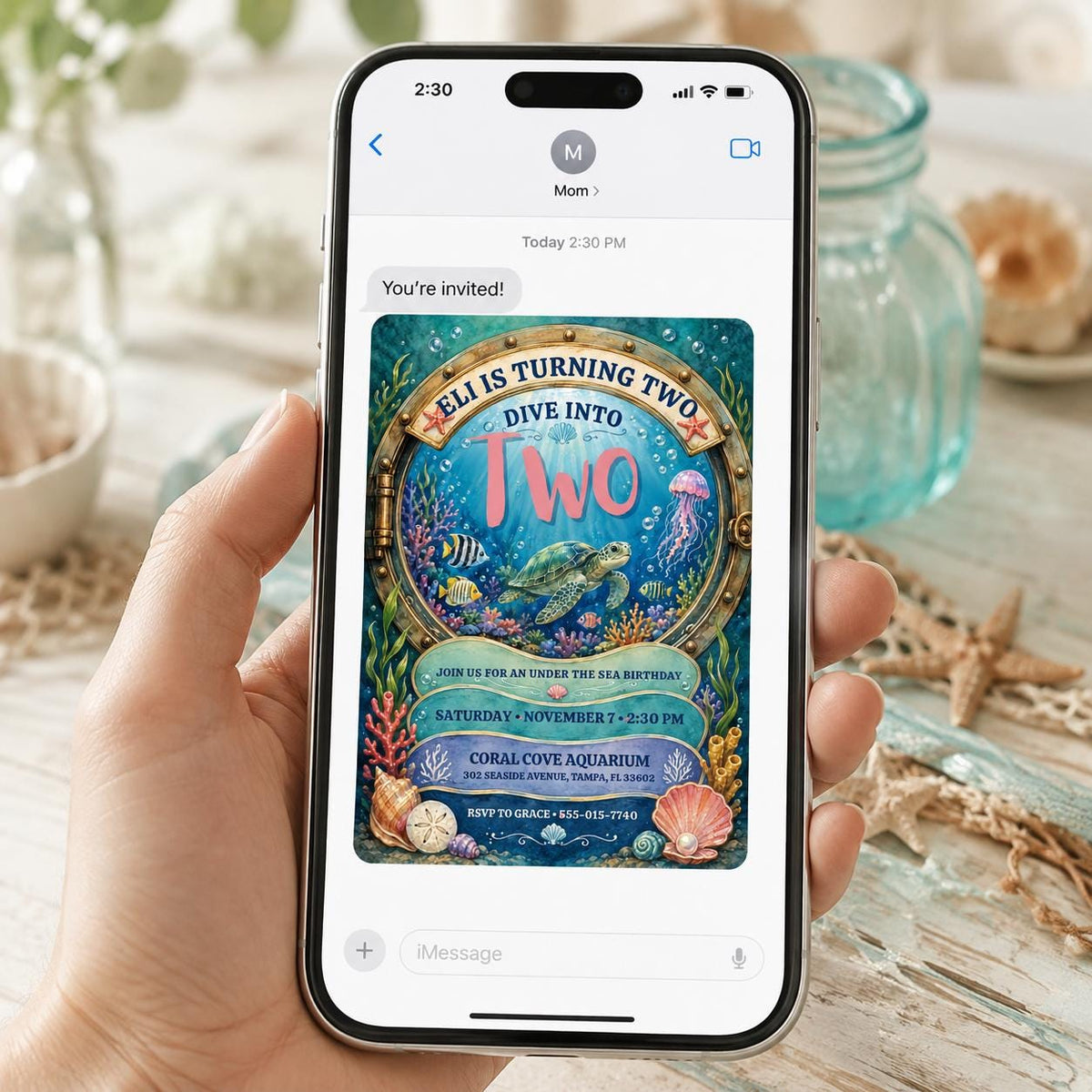 Dive into Two Ocean Porthole Birthday Invitation — jellyfish artwork in blue and gold