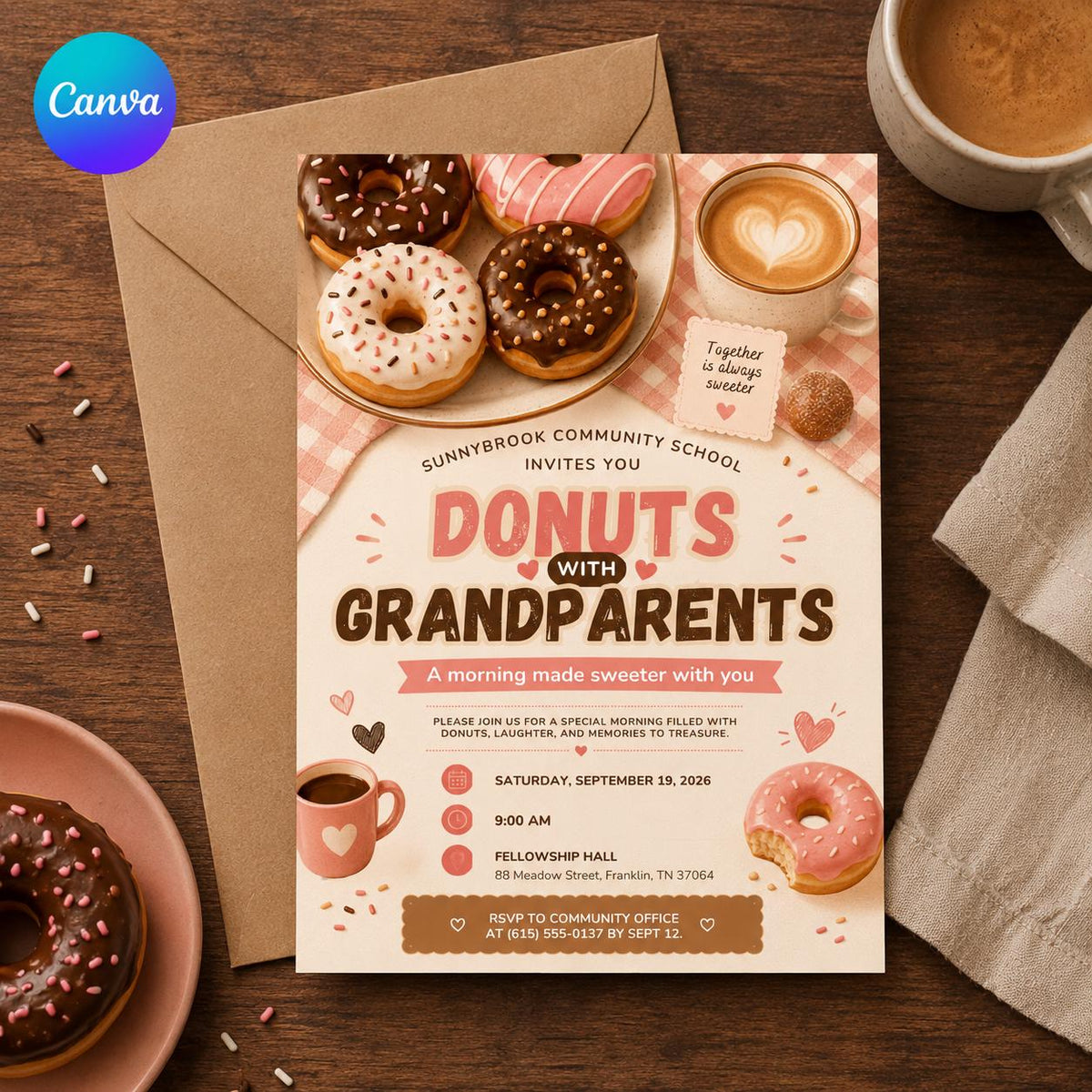 Donuts With Grandparents Invitation — editable Canva template