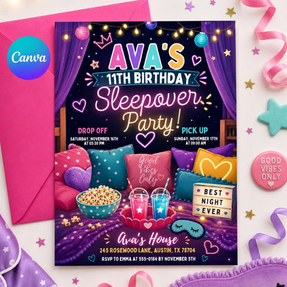 Doodle Sleepover 9th Birthday Invitation — editable Canva template