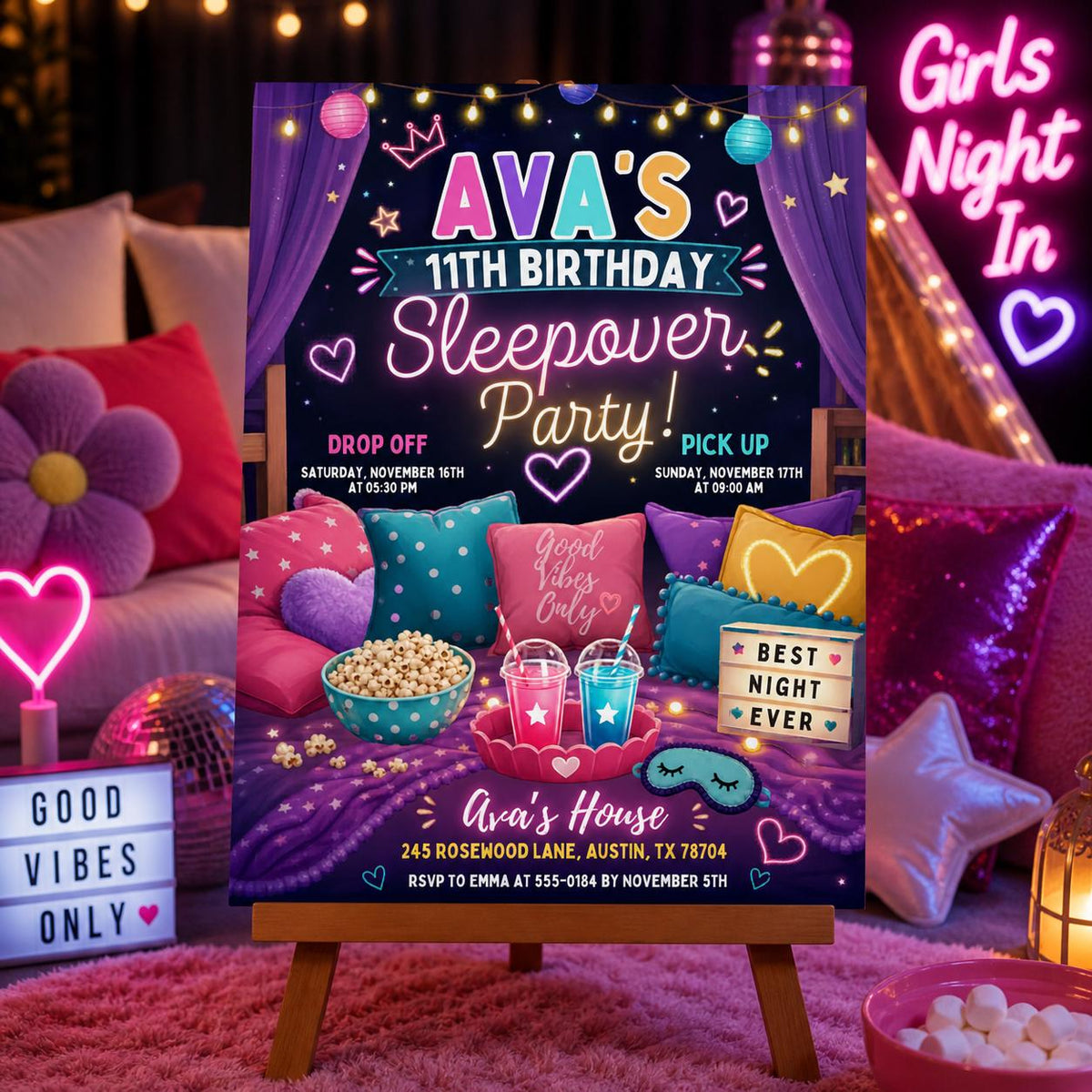 Doodle Sleepover 9th Birthday Invitation — pizza design