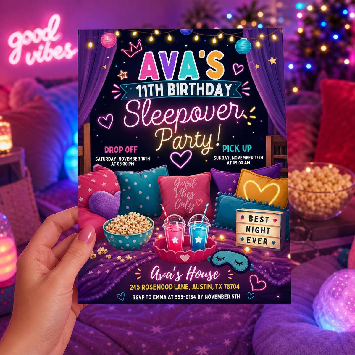Doodle Sleepover 9th Birthday Invitation — invitation you personalize in Canva