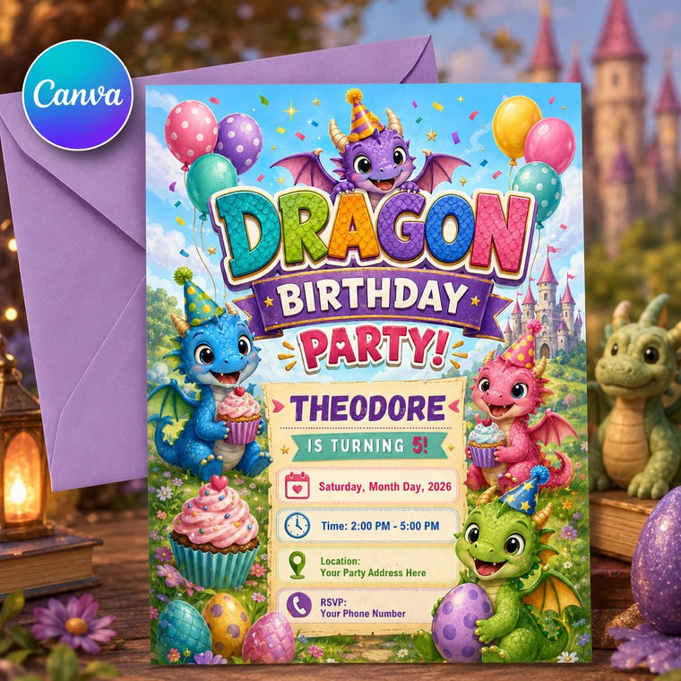 Dragon 5th Birthday Invitation for Girls