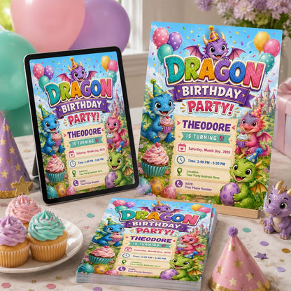 Dragon 5th Birthday Invitation for Girls — dinosaur design