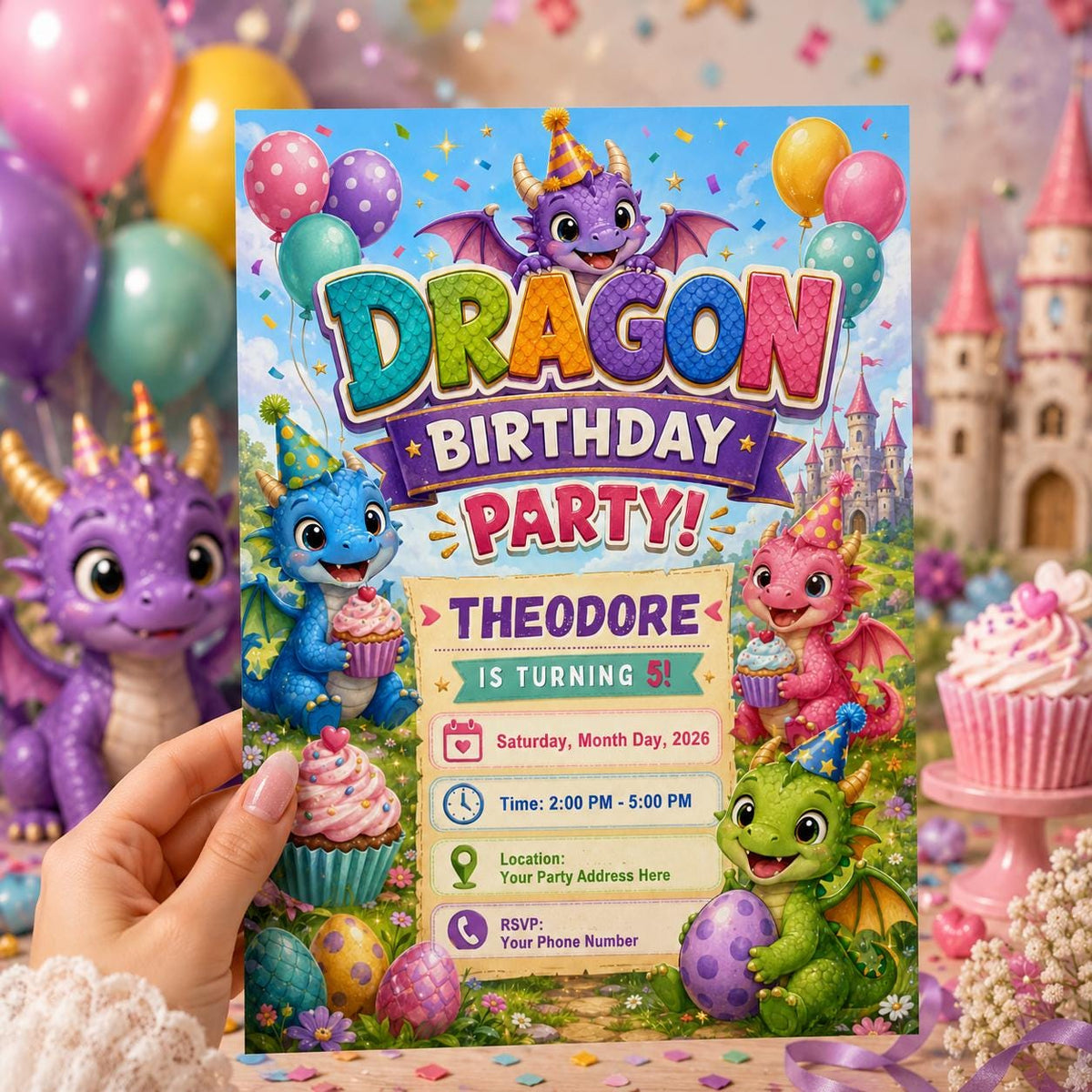 Dragon 5th Birthday Invitation for Girls — invitation you personalize in Canva