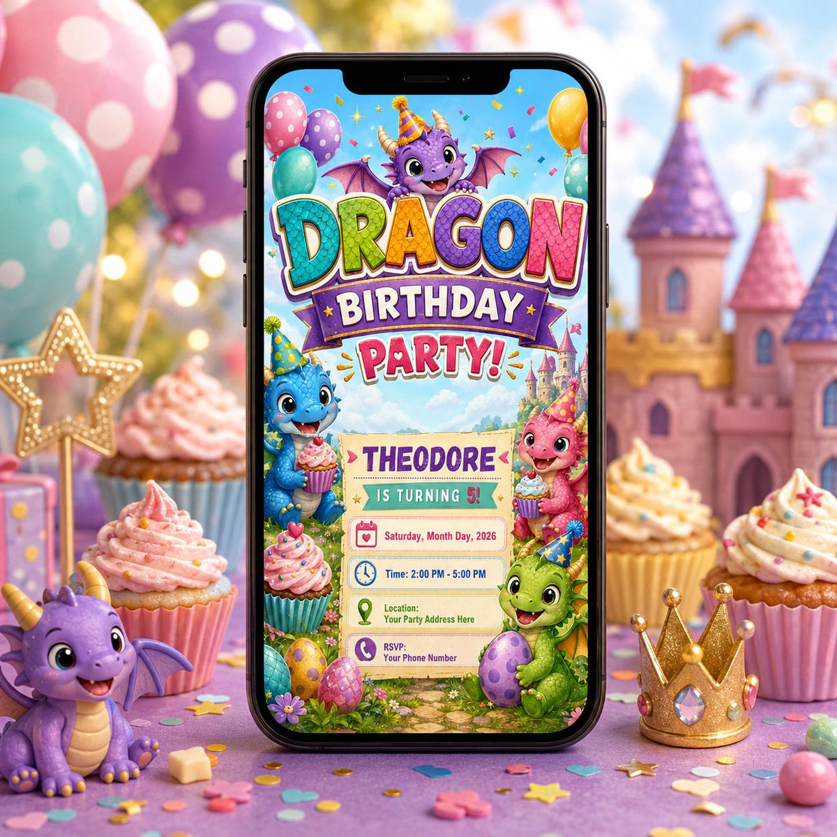 Dragon 5th Birthday Invitation for Girls — print-ready 5th birthday party design from VoltBy