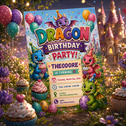 Dragon 5th Birthday Invitation for Girls — digital invitation, instant download