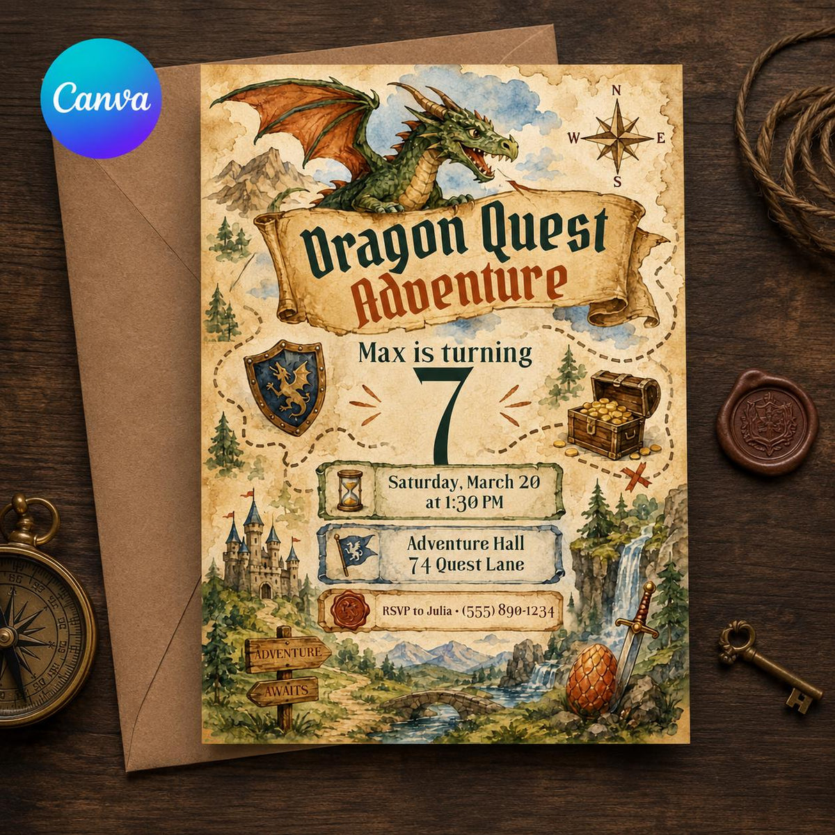 Dragon 7th Birthday Invitation — editable Canva template