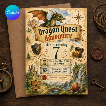 Dragon 7th Birthday Invitation — editable Canva template