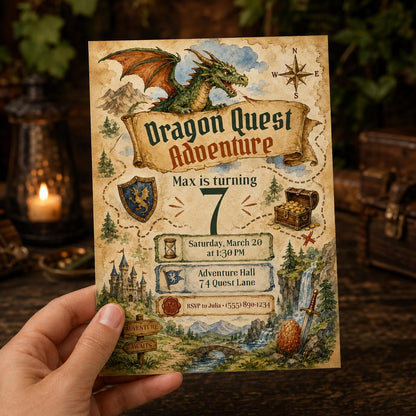 Dragon 7th Birthday Invitation — print-ready 7th birthday party design from VoltBy