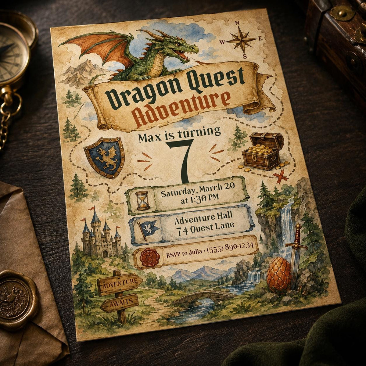 Dragon 7th Birthday Invitation — 7th birthday party stationery by VoltBy