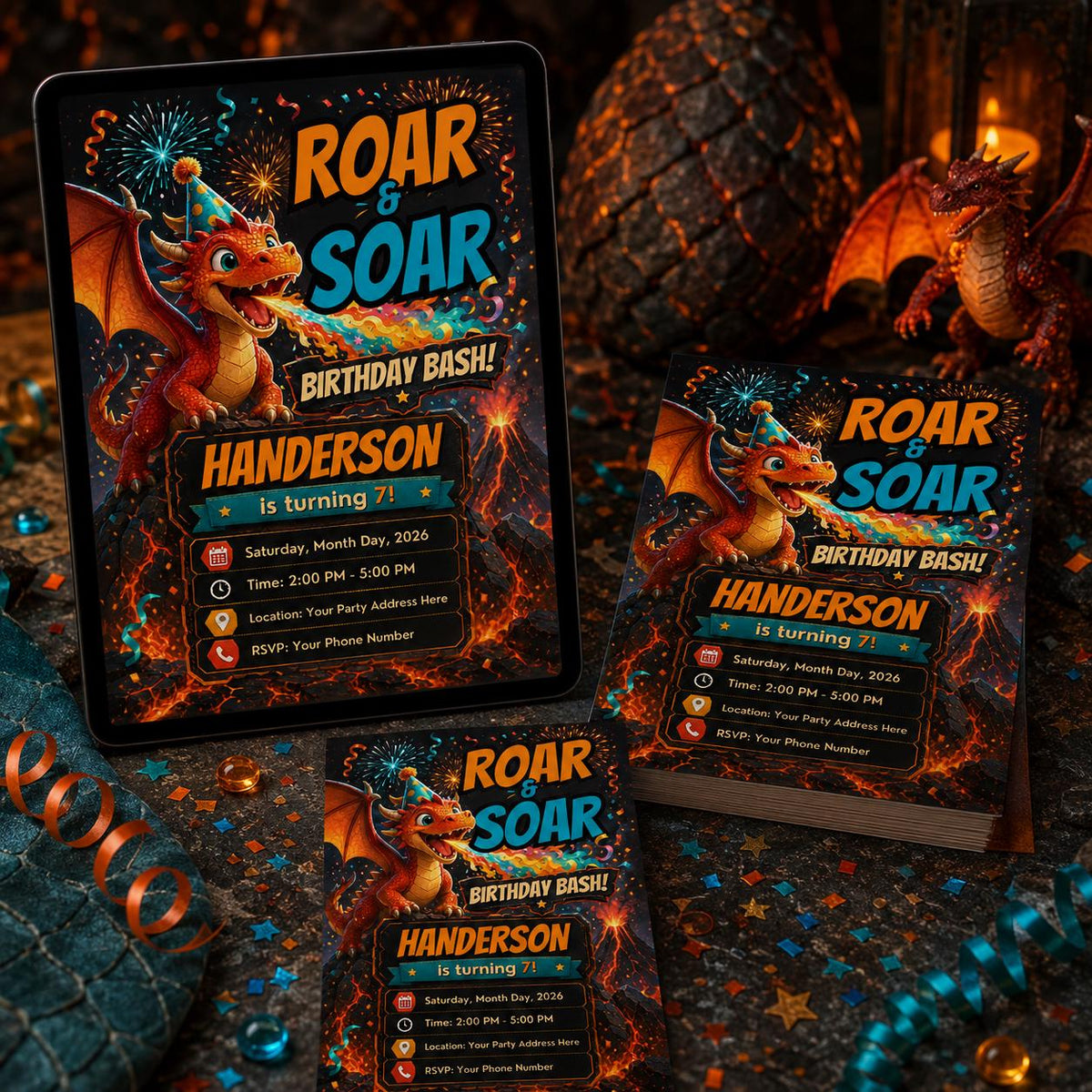Dragon Birthday Invitation: Roar and Soar Party — print-ready birthday party design from VoltBy
