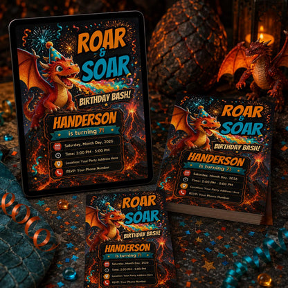 Dragon Birthday Invitation: Roar and Soar Party — print-ready birthday party design from VoltBy