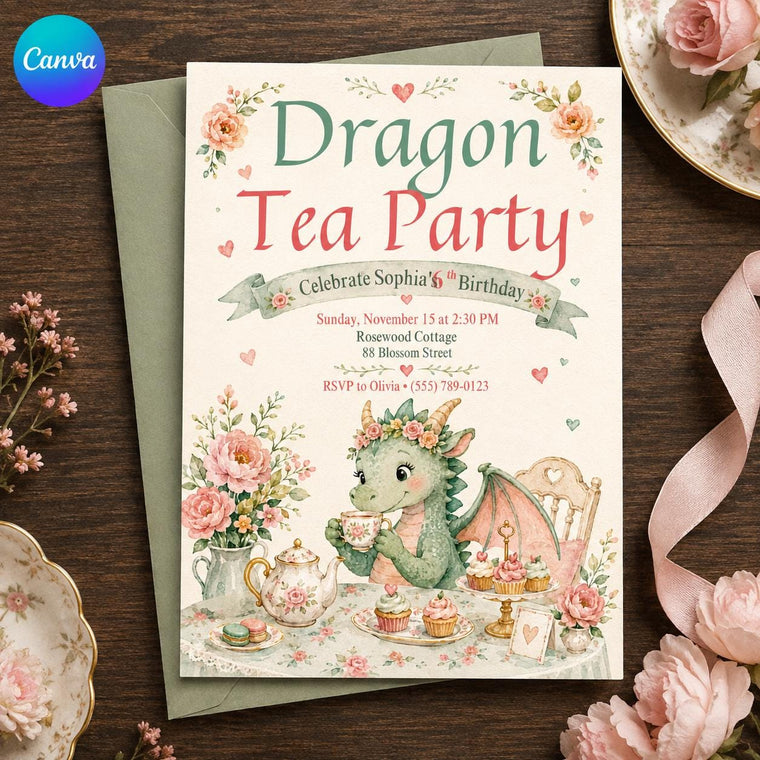 Dragon Tea Party 6th Birthday Invitation with Garden Table