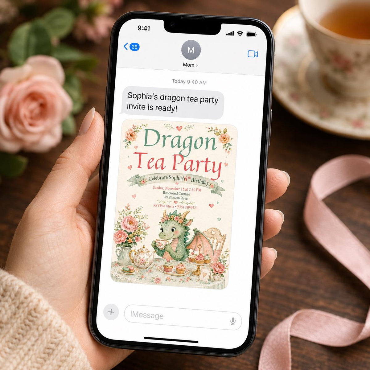 Dragon Tea Party 6th Birthday Invitation with Garden Table in cream and green