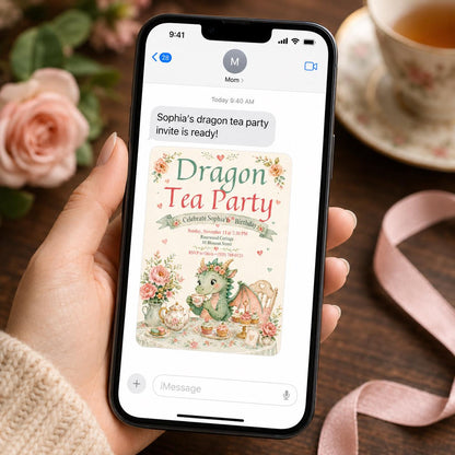 Dragon Tea Party 6th Birthday Invitation with Garden Table in cream and green