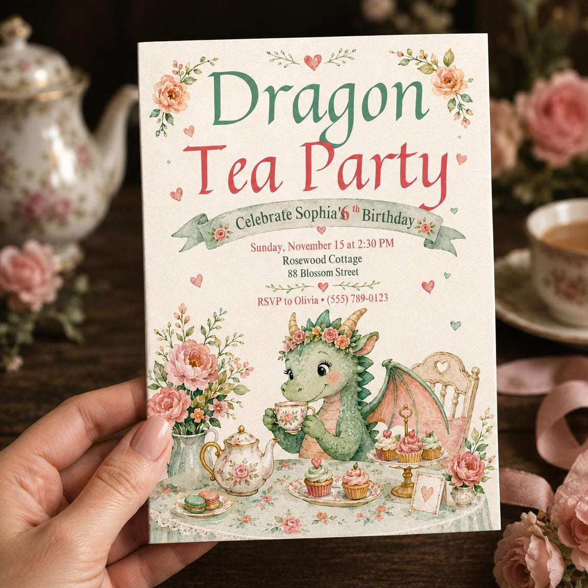 Dragon Tea Party 6th Birthday Invitation with Garden Table — cake design