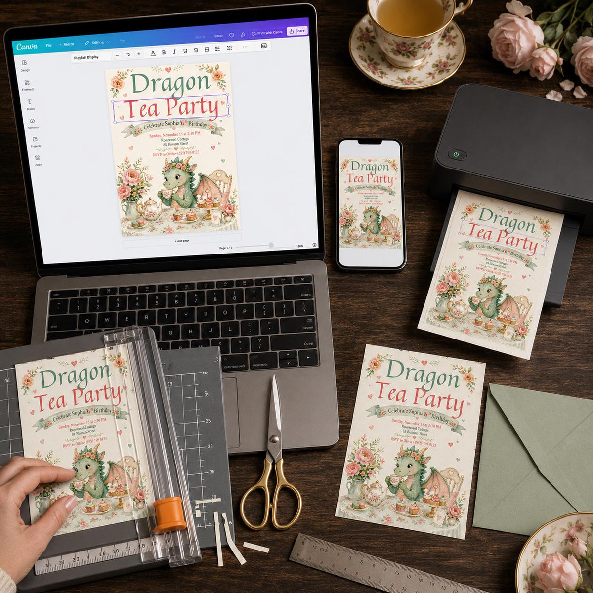 Dragon Tea Party 6th Birthday Invitation with Garden Table — invitation you personalize in Canva