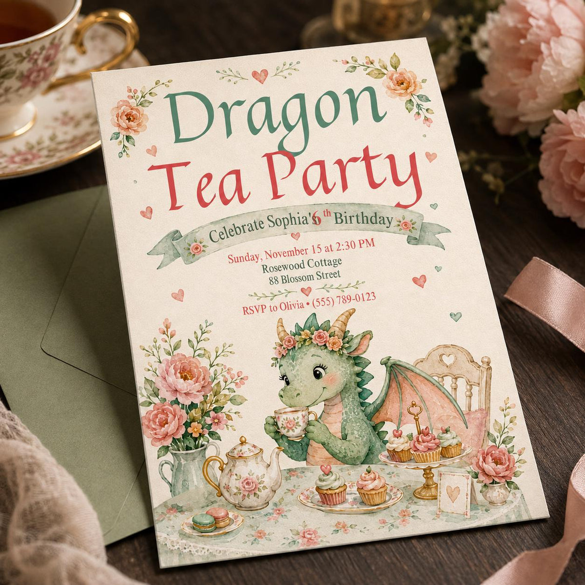 Dragon Tea Party 6th Birthday Invitation with Garden Table — floral 6th birthday party design