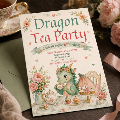 Dragon Tea Party 6th Birthday Invitation with Garden Table — floral 6th birthday party design