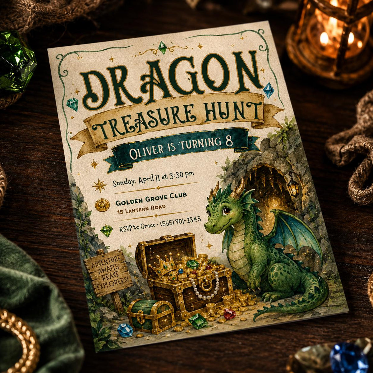 Dragon Treasure Hunt 8th Birthday Invitation — digital invitation, instant download