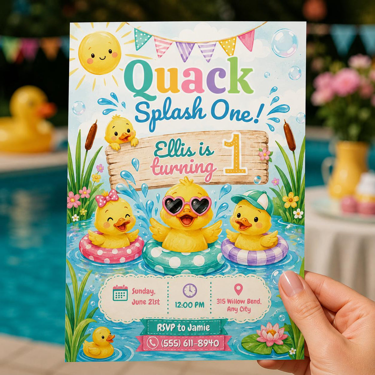 Duck First Birthday Invitation — invitation you personalize in Canva