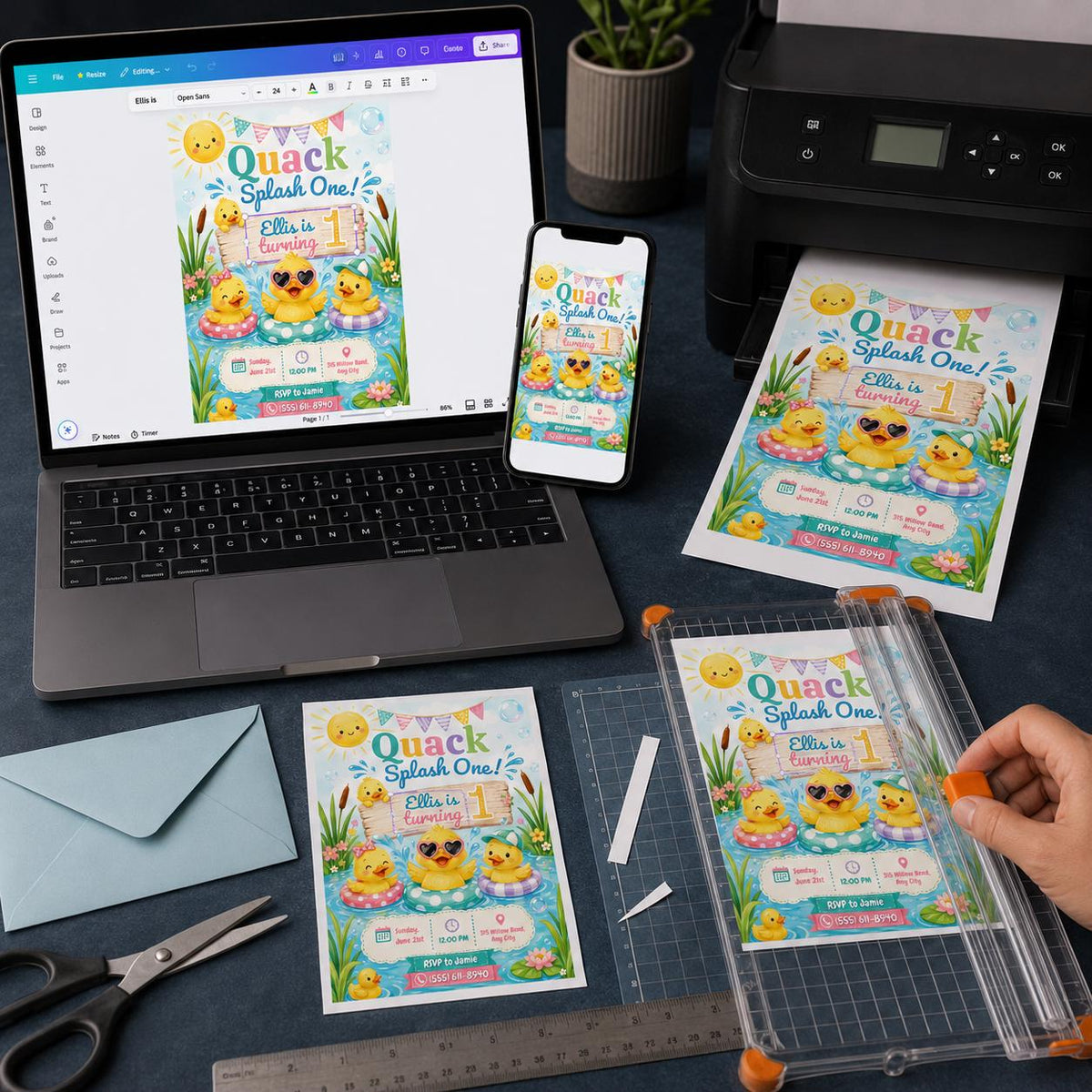 Duck First Birthday Invitation — print-ready first birthday design from VoltBy
