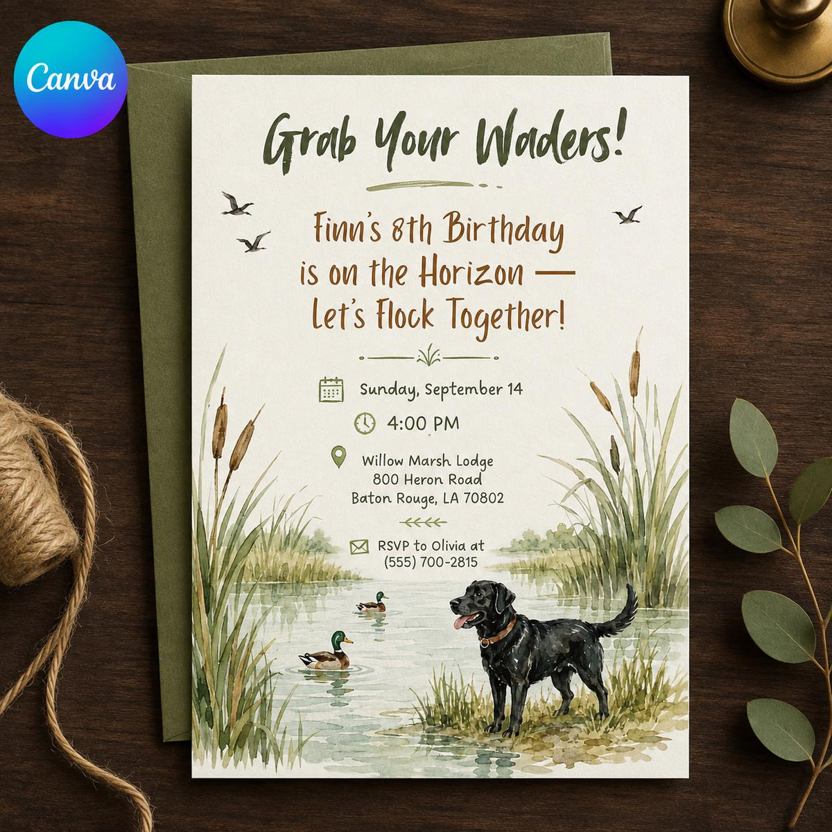 Duck Hunting 8th Birthday Invitation for Boys — editable Canva template