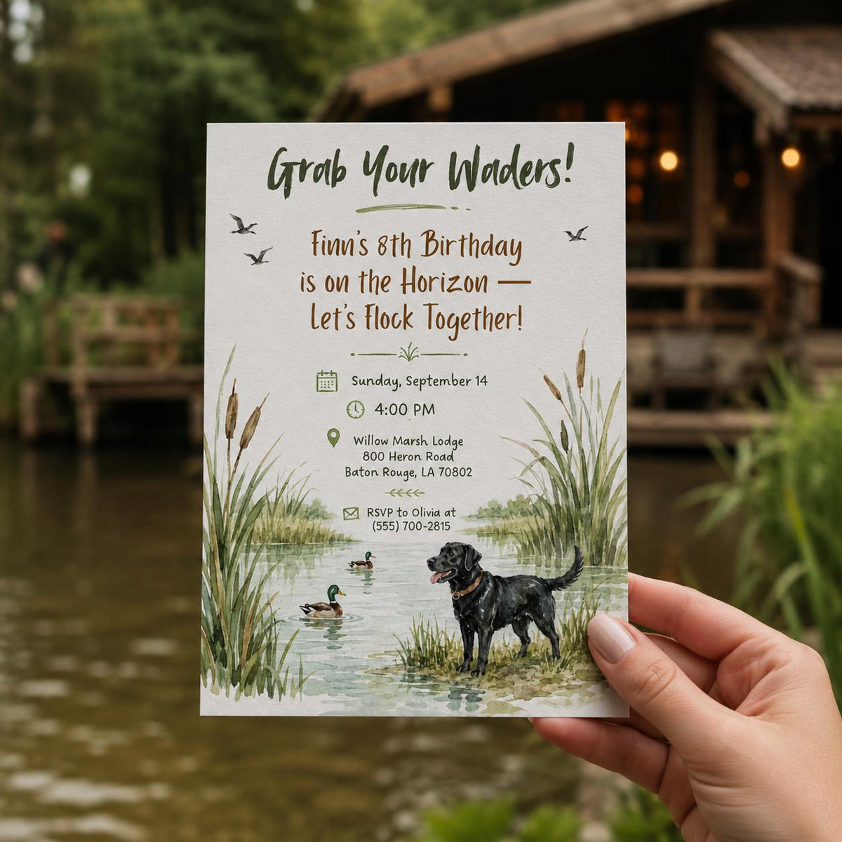 Duck Hunting 8th Birthday Invitation for Boys — print-ready 8th birthday party design from VoltBy