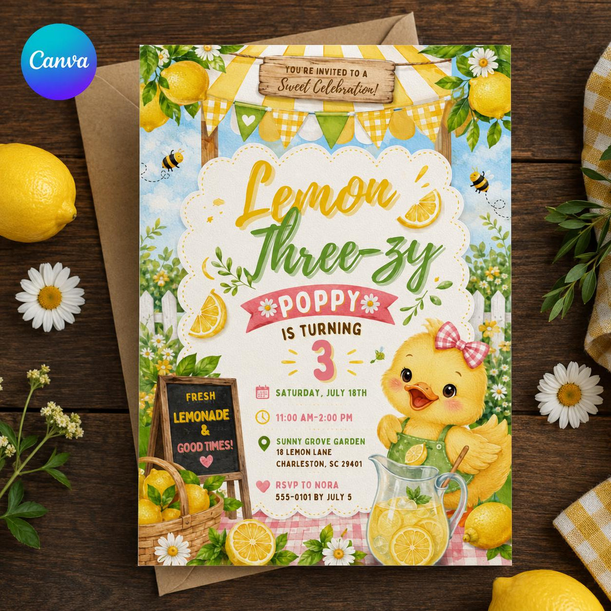 Duck Lemon 3rd Birthday Invitation for Girls — editable Canva template