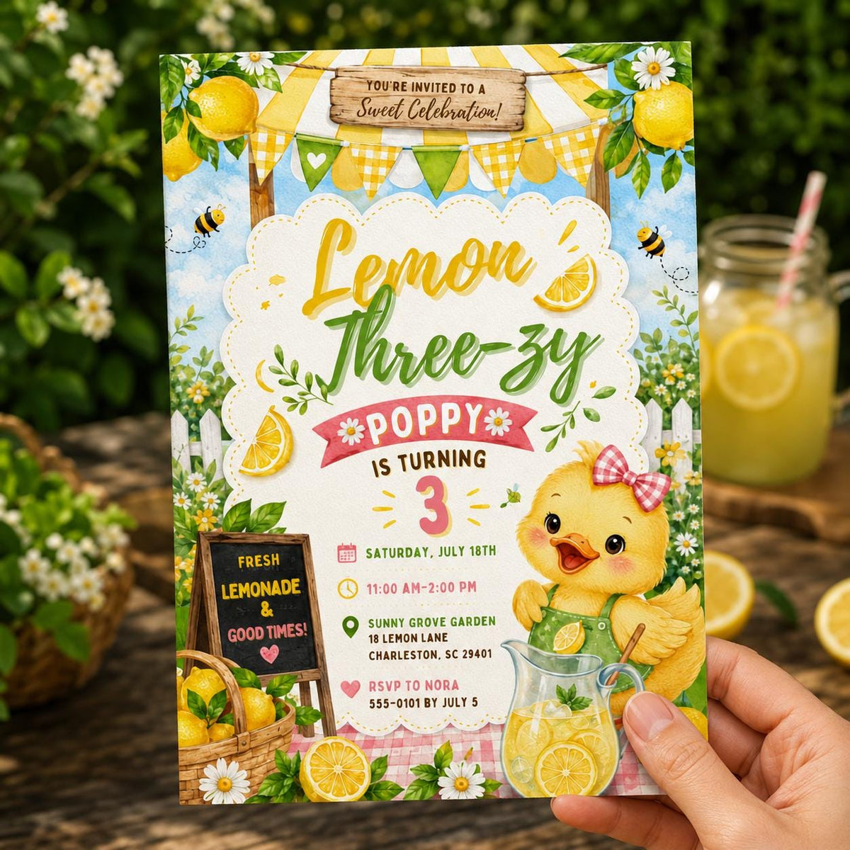 Duck Lemon 3rd Birthday Invitation for Girls — invitation you personalize in Canva