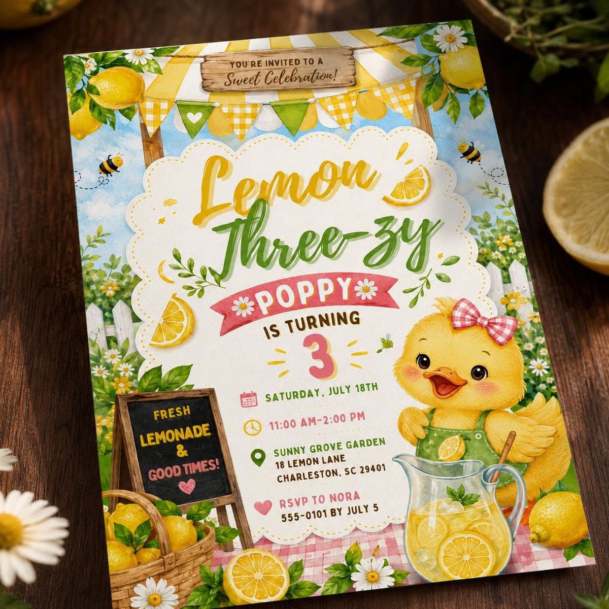 Duck Lemon 3rd Birthday Invitation for Girls — digital invitation, instant download