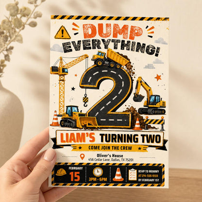 Dump Everything Construction 2nd Birthday Invitation — invitation you personalize in Canva