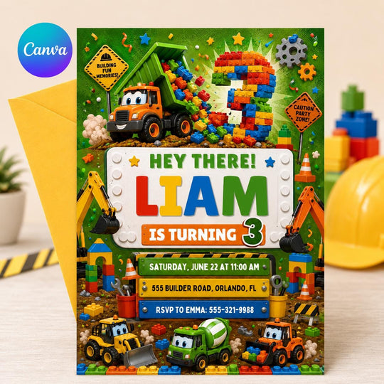 Dump Truck Building Block 3rd Birthday Invitation