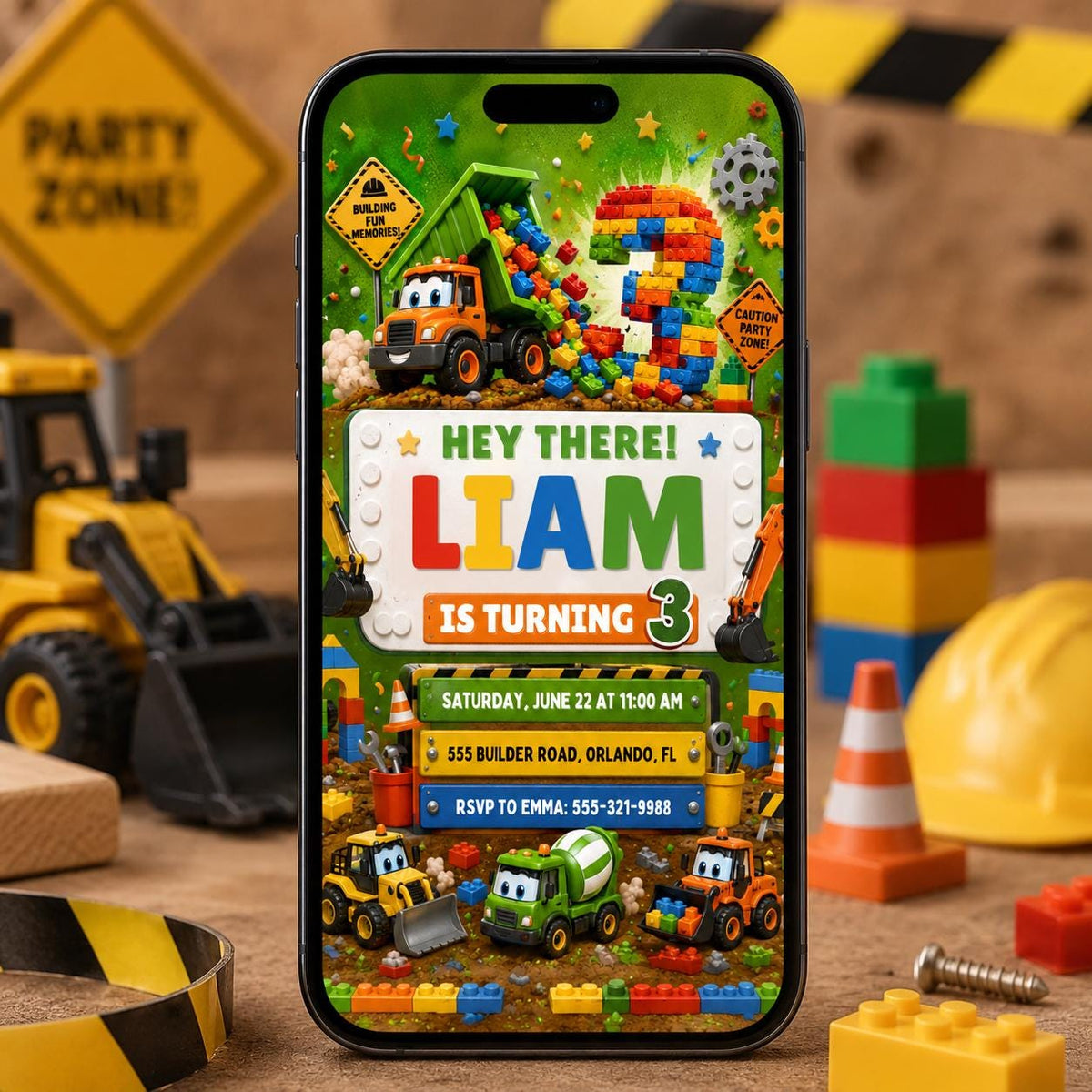 Dump Truck Building Block 3rd Birthday Invitation — building blocks and construction design for a 3rd birthday party