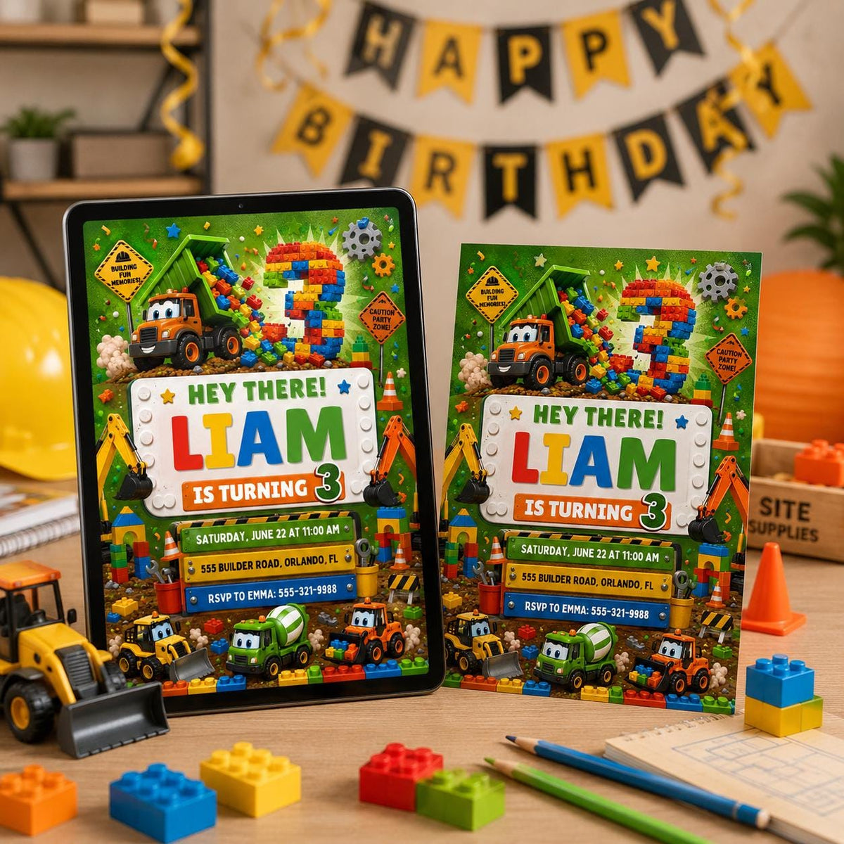 Dump Truck Building Block 3rd Birthday Invitation in green and yellow