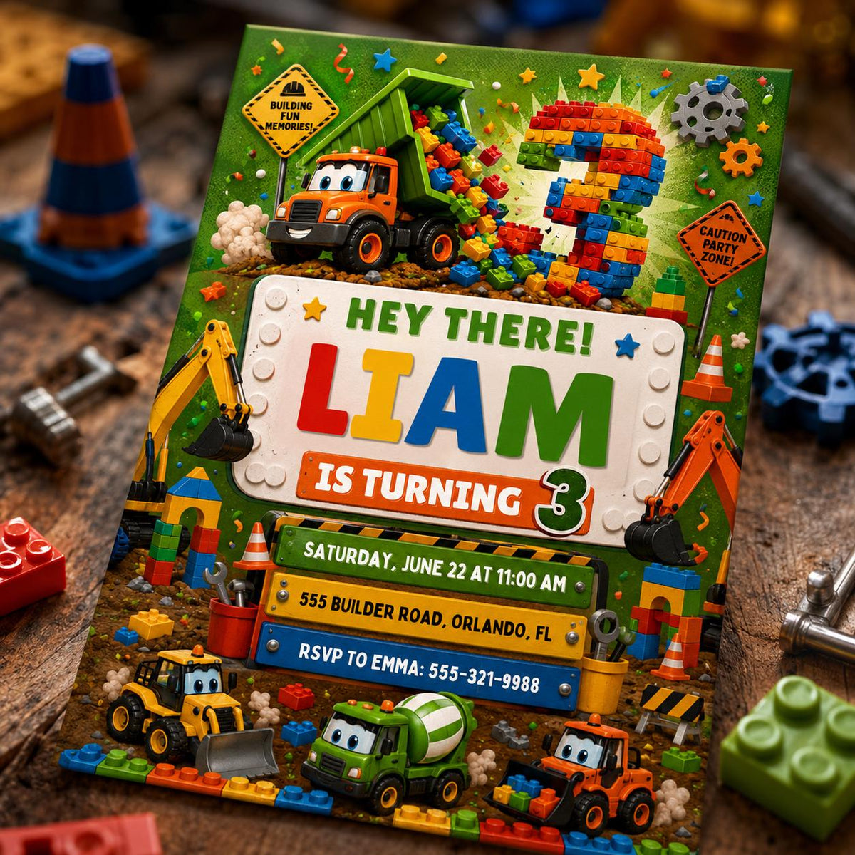 Dump Truck Building Block 3rd Birthday Invitation — editable Canva template for a 3rd birthday party