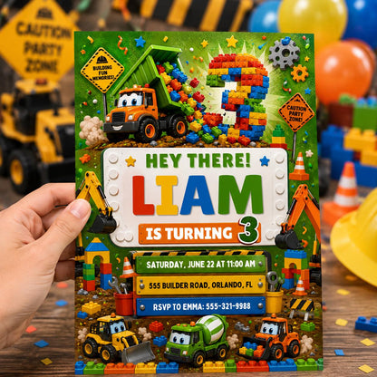 Dump Truck Building Block 3rd Birthday Invitation — printable invitation from VoltBy