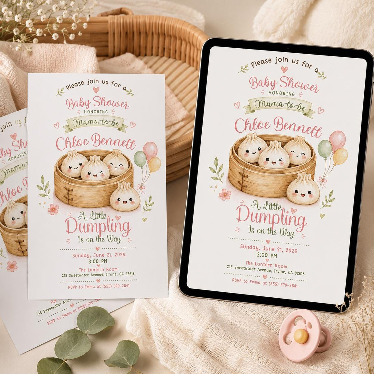 Dumpling Baby Shower Invitation: Little Dumpling Bao Dim Sum — invitation you personalize in Canva
