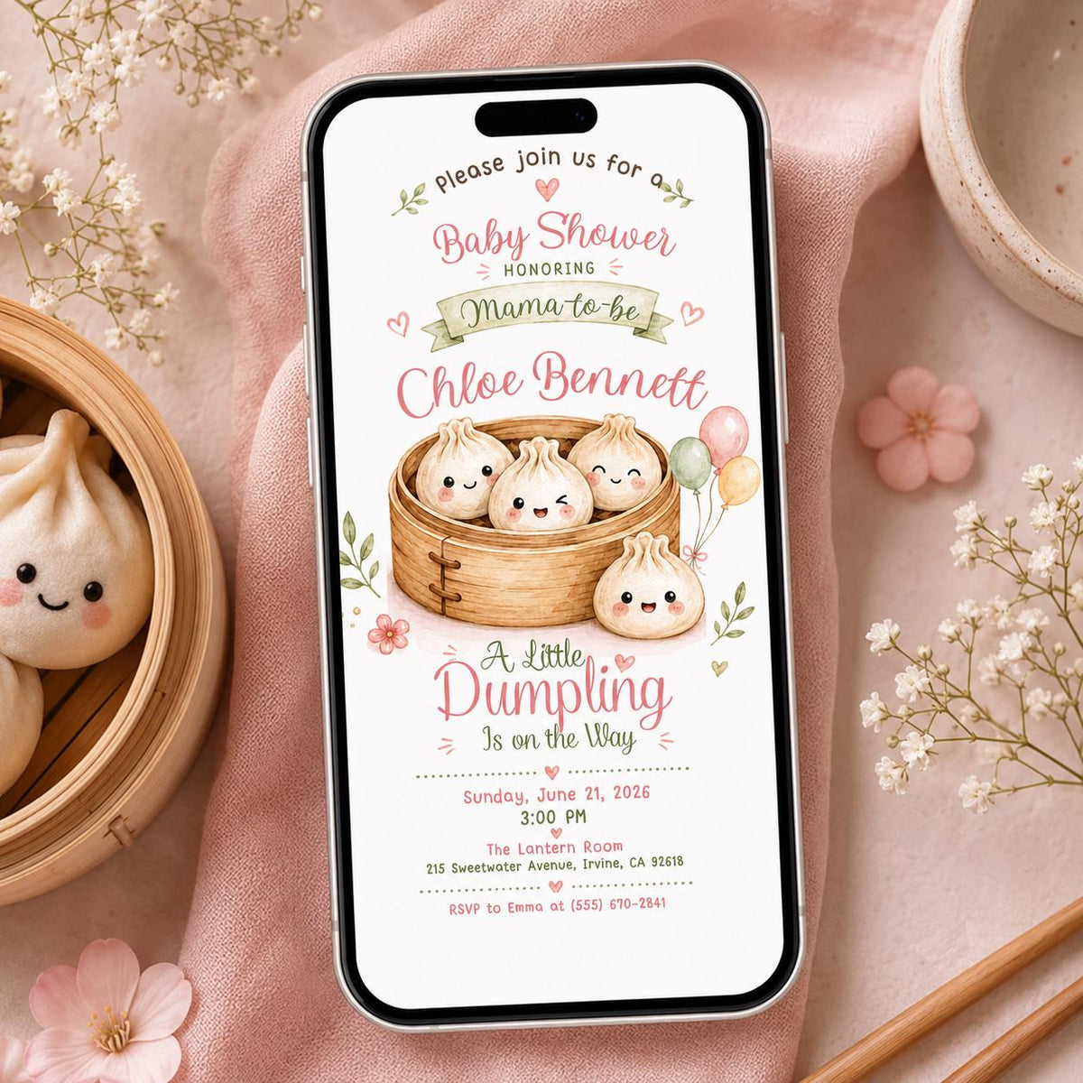Dumpling Baby Shower Invitation: Little Dumpling Bao Dim Sum — digital invitation, instant download