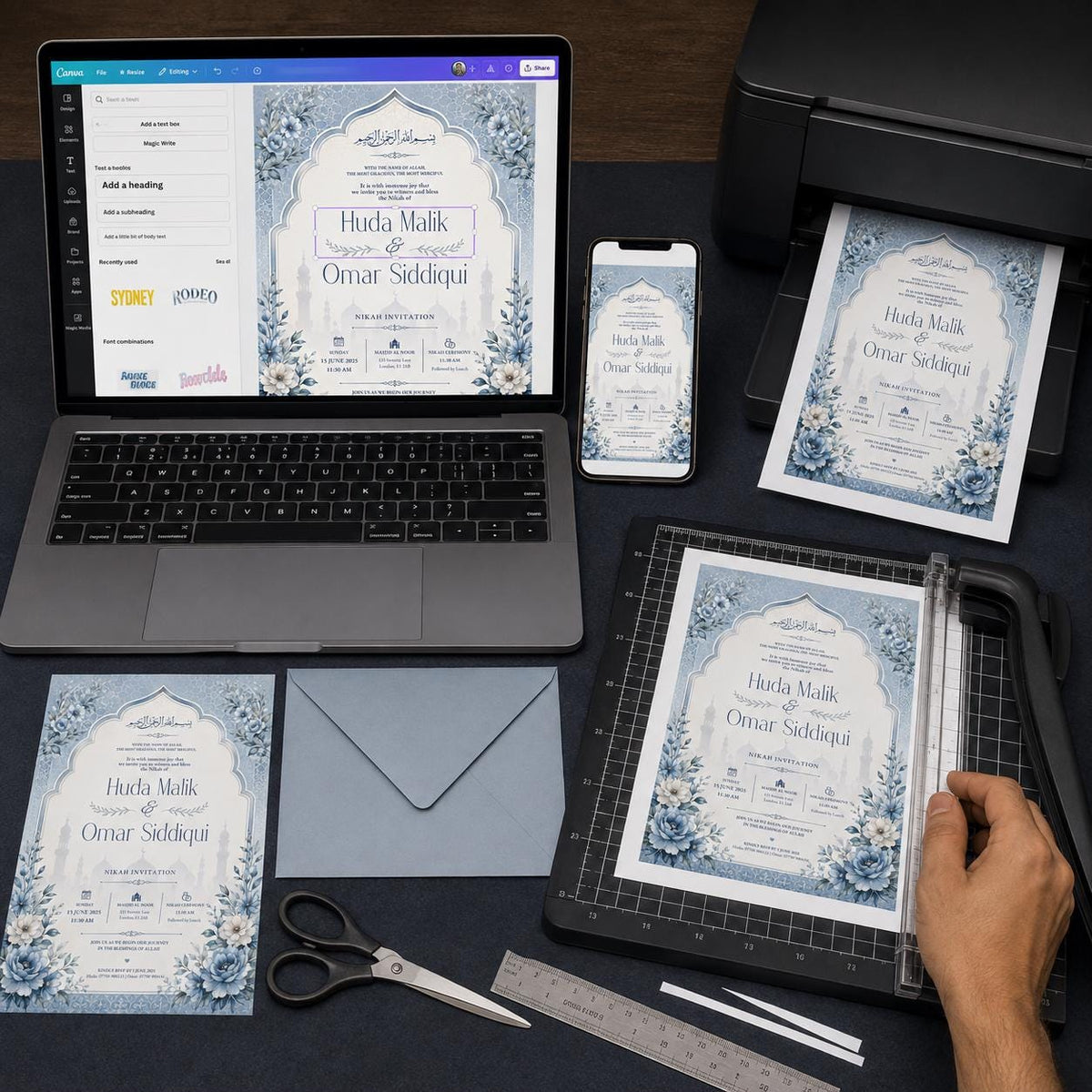 Dusty Blue Floral Nikah Invitation — print-ready nikah ceremony design from VoltBy