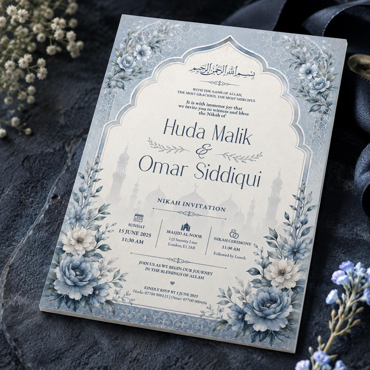 Dusty Blue Floral Nikah Invitation — digital invitation, instant download