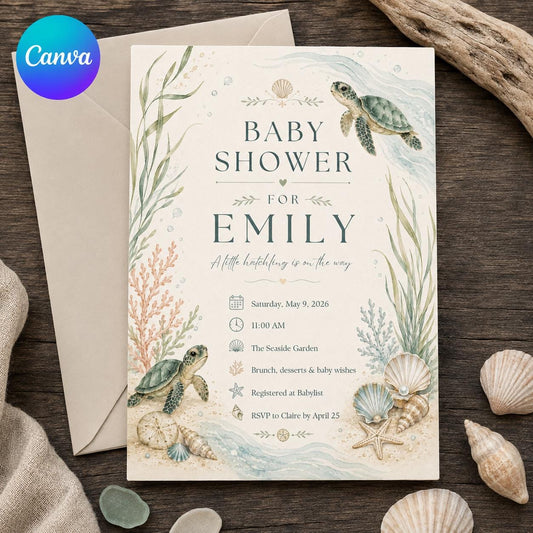 Sea Turtle Baby Shower Invitation – Coastal Under the Sea Seashell Party – Neutral Watercolor