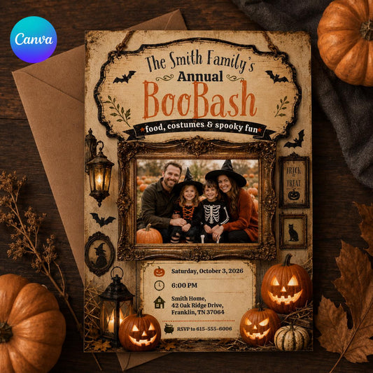 Vintage Family Halloween Party Invitation — editable Canva template
