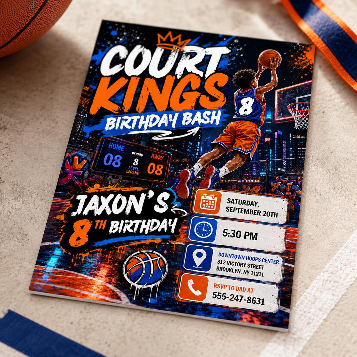 Basketball 8th Birthday Invitation – Court Kings Sports Party Invite (Digital invite)
