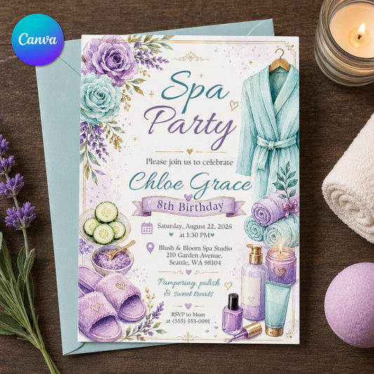 Girls Spa Birthday Invitation – 8th Birthday Pamper Party – Purple Teal