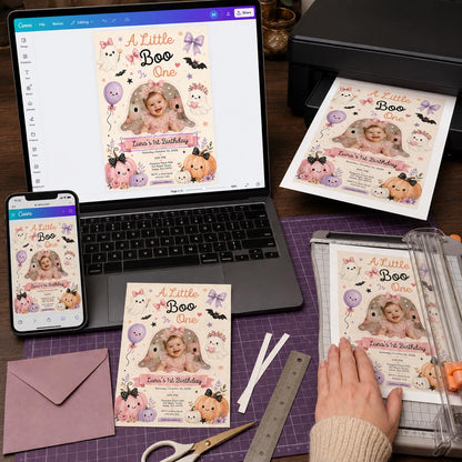 Halloween First Birthday Invitation – Little Boo Girl Photo Invite – Pastel Ghost Pumpkin Party