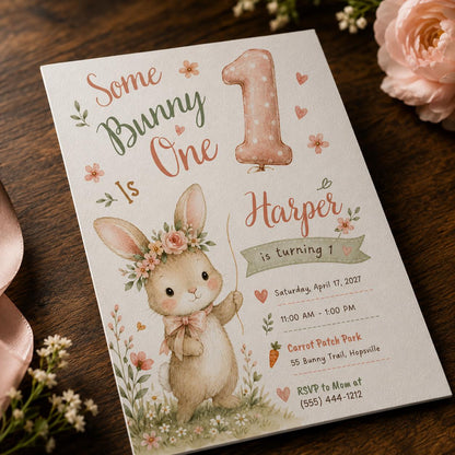 Some Bunny Is One Invitation, Girl First Birthday Invite, Floral Rabbit Spring Party Printable Editable, Canva Template