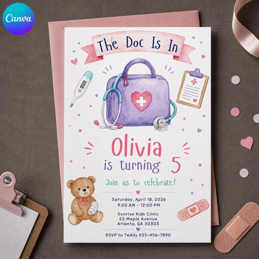 Doctor Birthday Invitation – The Doc Is In 5th Birthday Girl Medical Party – Pastel Nurse Theme