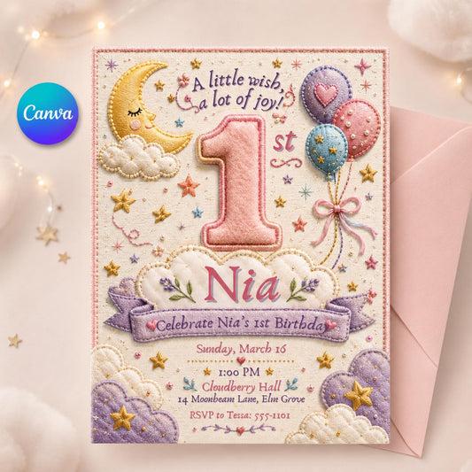 First Birthday Invitation – Moon Stars Cloud 1st Birthday Girl Invite
